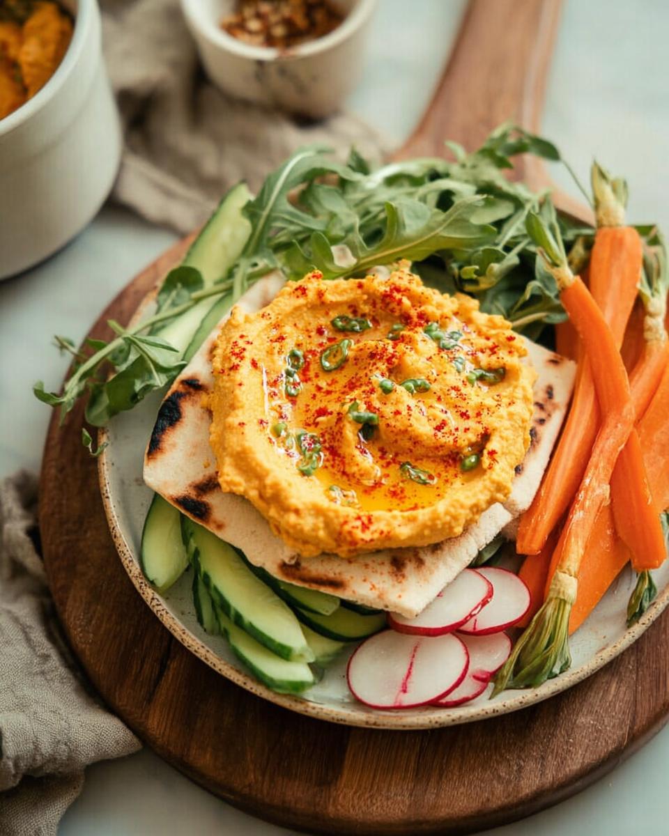 A vibrant hummus platter with pita bread, fresh vegetables like cucumber, radish, carrots, and arugula, perfect for easy dinner recipes.
