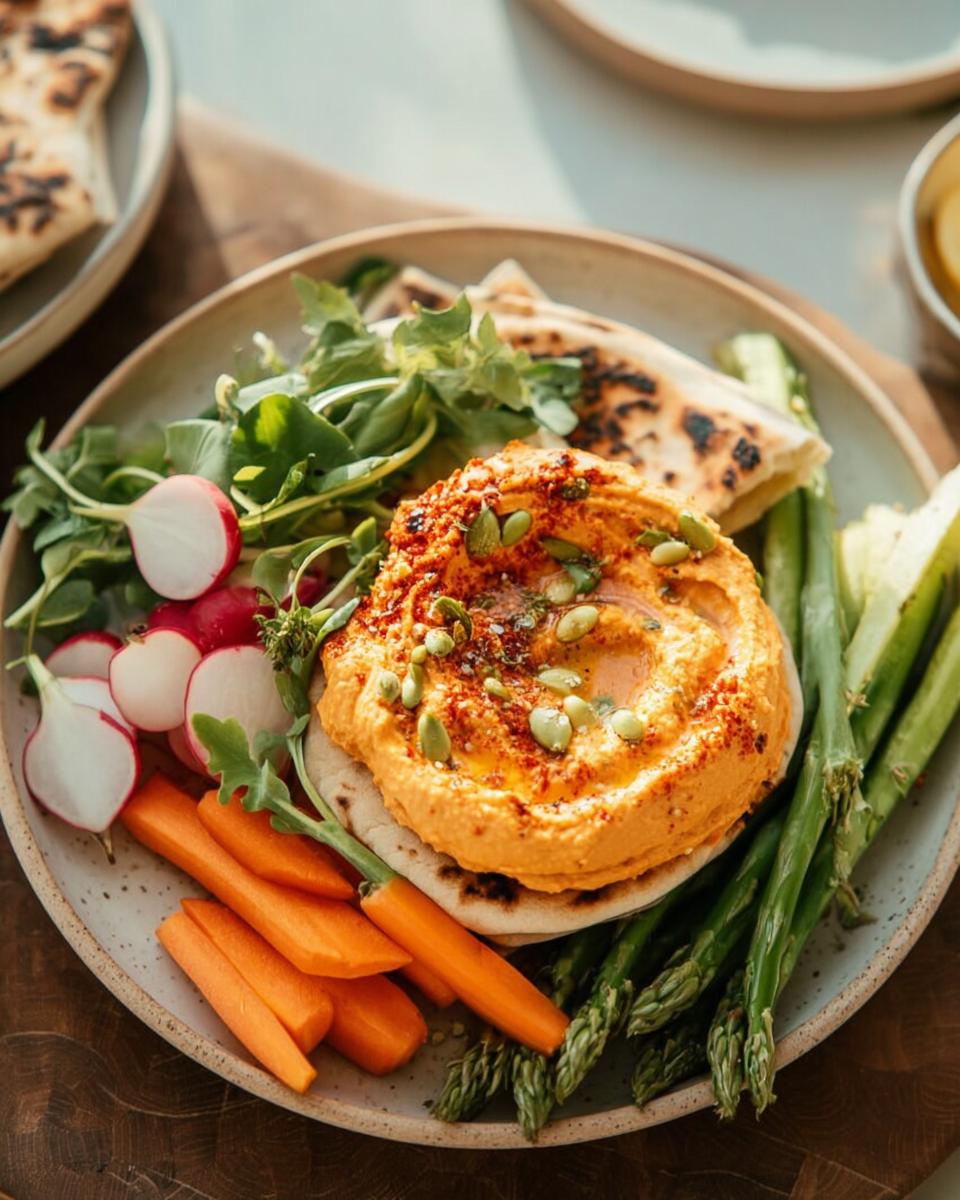 A vibrant hummus platter with pita bread, carrots, radishes, asparagus, and greens, perfect for easy dinner recipes.
