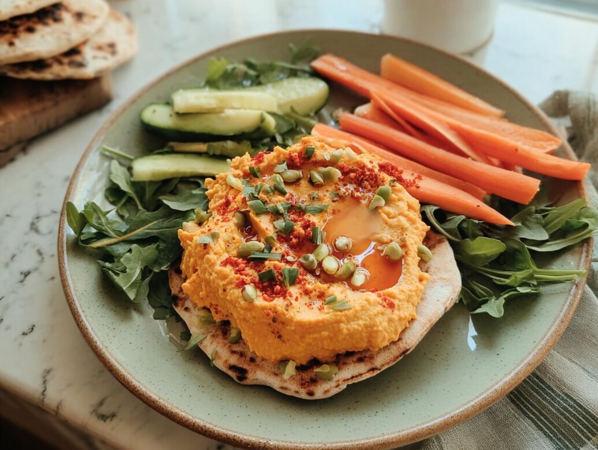A vibrant plate of hummus with pita bread, carrot sticks, cucumber slices, and greens, perfect for easy dinner recipes for busy weeknights.