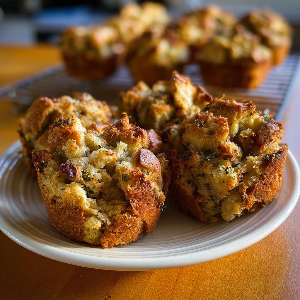Close-up of golden brown, herb-flecked stuffing muffins on a white plate, part of The Ultimate Stuffing Recipes Guide for Beginners.