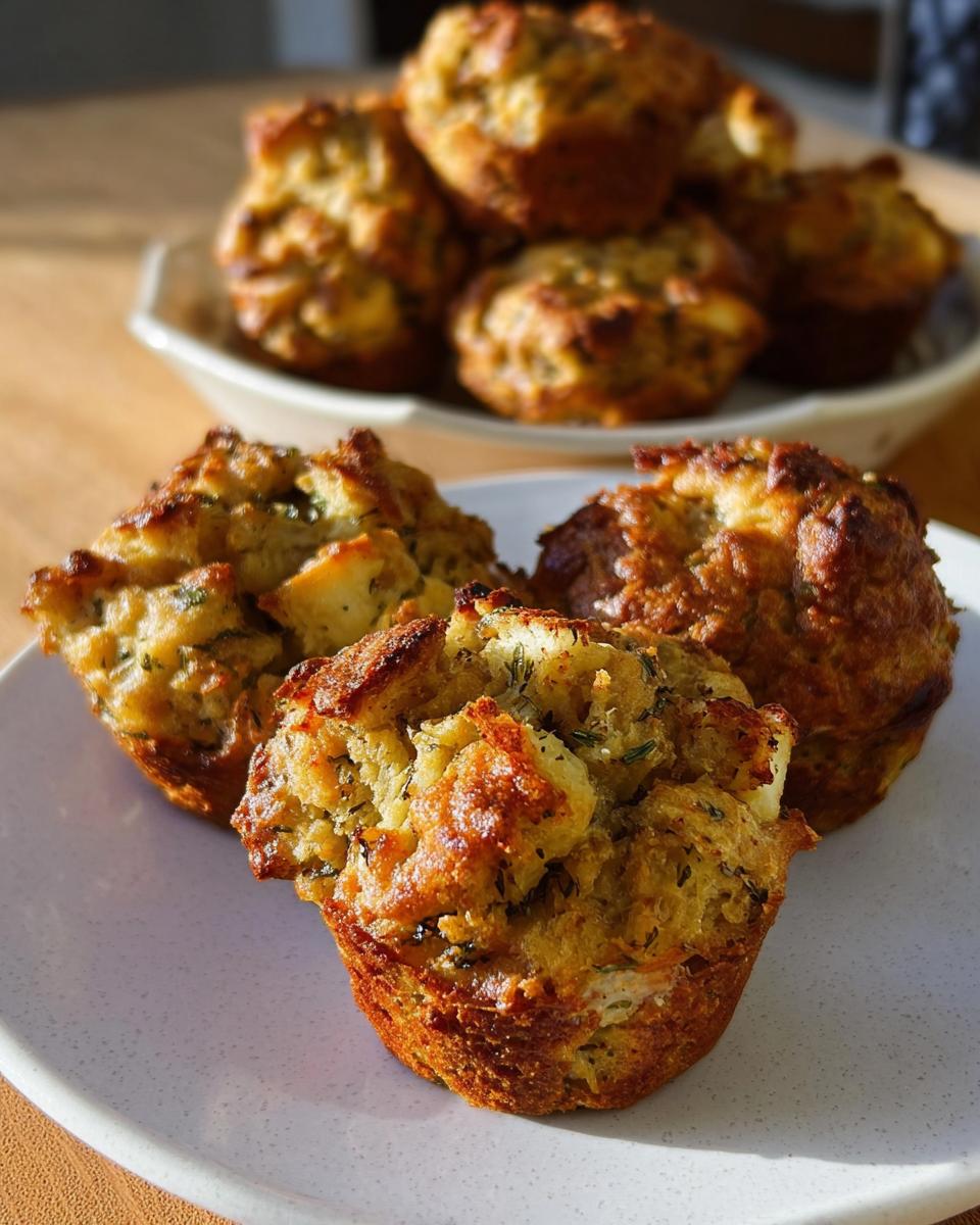 Close-up of golden-brown stuffing muffins on a white plate, part of The Ultimate Stuffing Recipes Guide for Beginners.