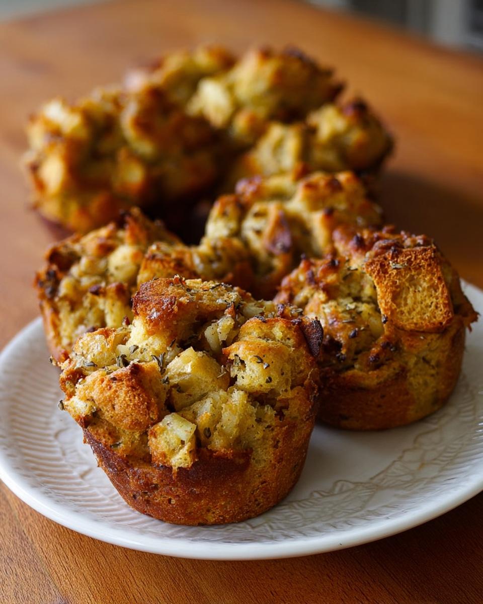 Close-up of golden brown stuffing muffins, a perfect beginner recipe from The Ultimate Stuffing Recipes Guide.