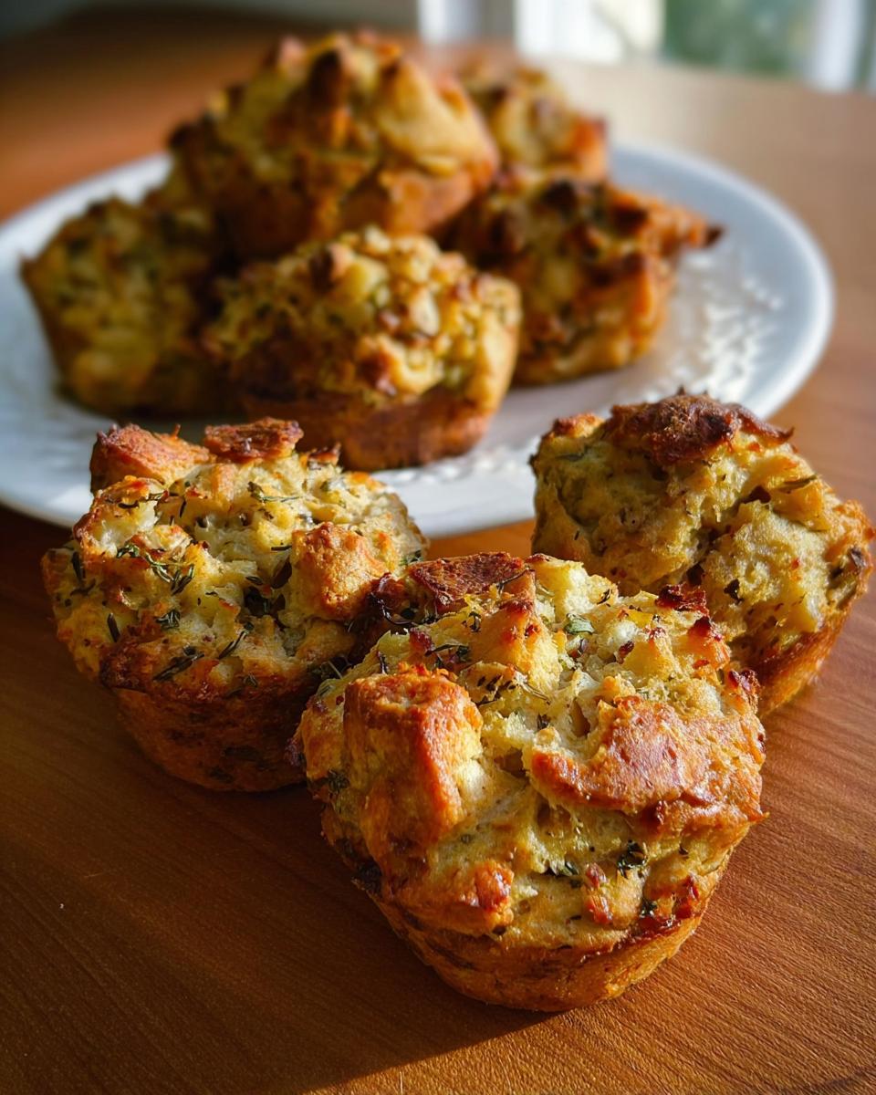 Close-up of golden-brown stuffing muffins, showcasing bread cubes and herbs, perfect for beginners.