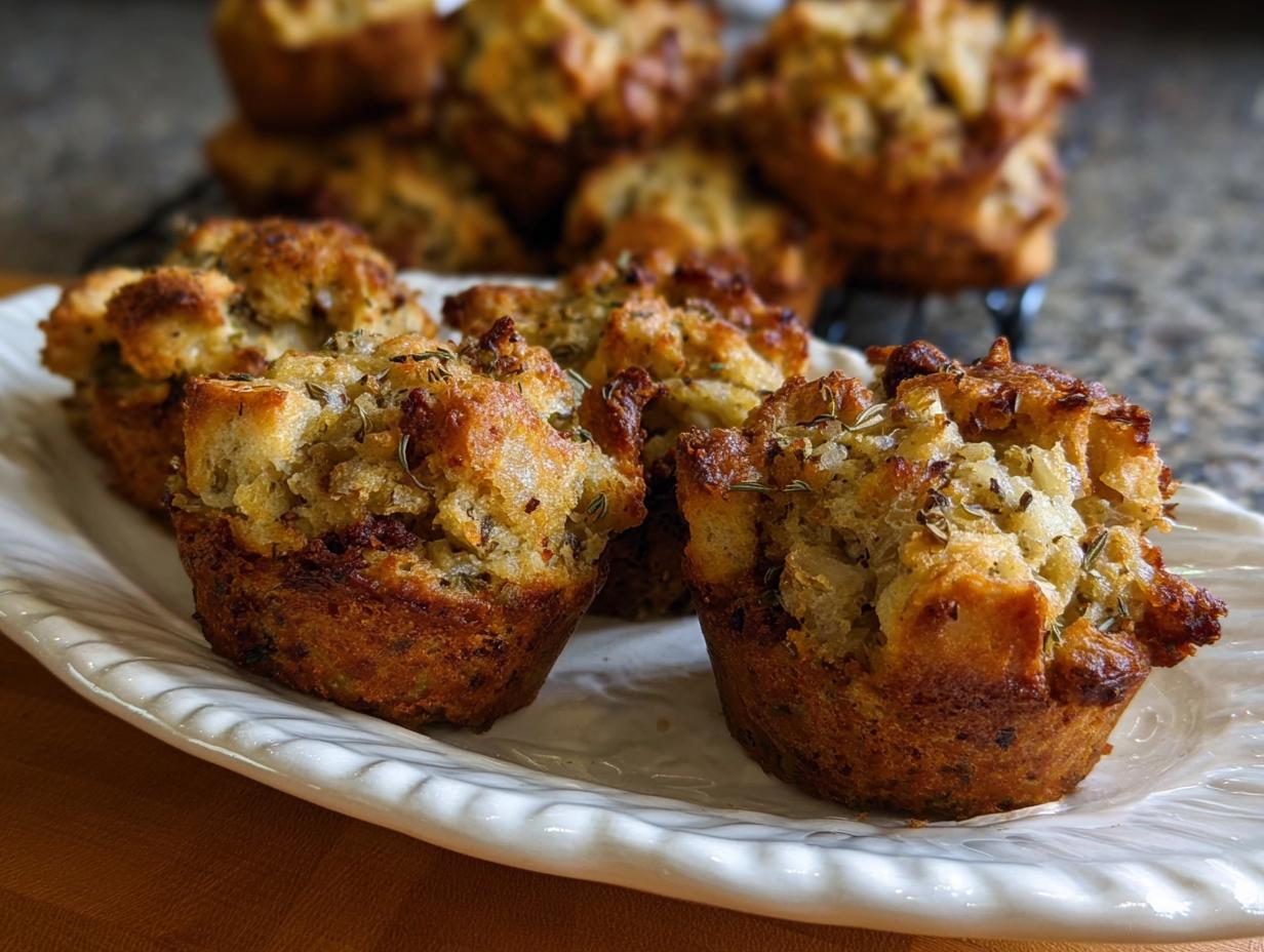 Close-up of golden brown, herb-flecked stuffing muffins on a white plate, perfect for beginners.