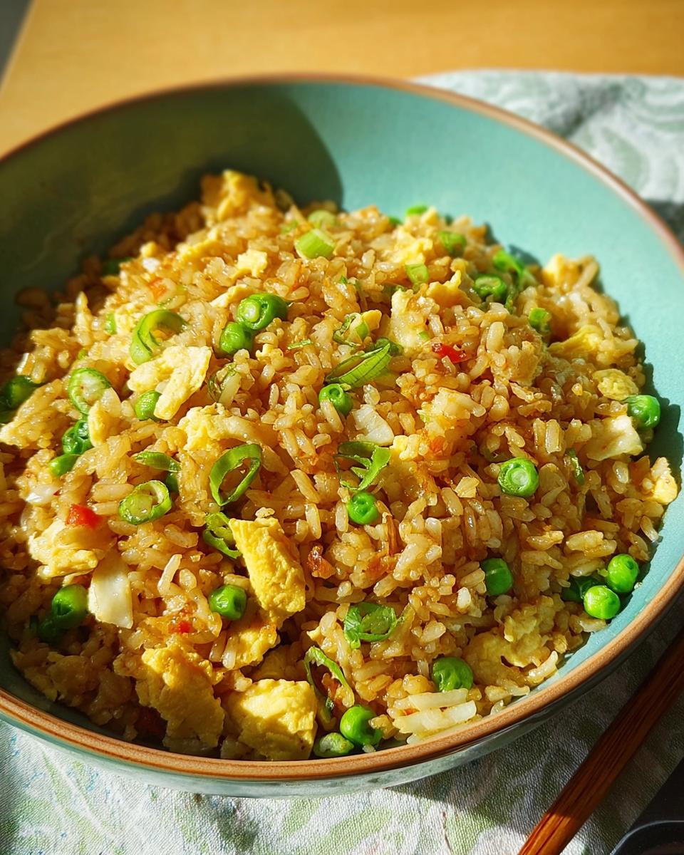 A close-up of a bowl of egg fried rice with peas and green onions, part of 7-Ingredient Egg Recipes.
