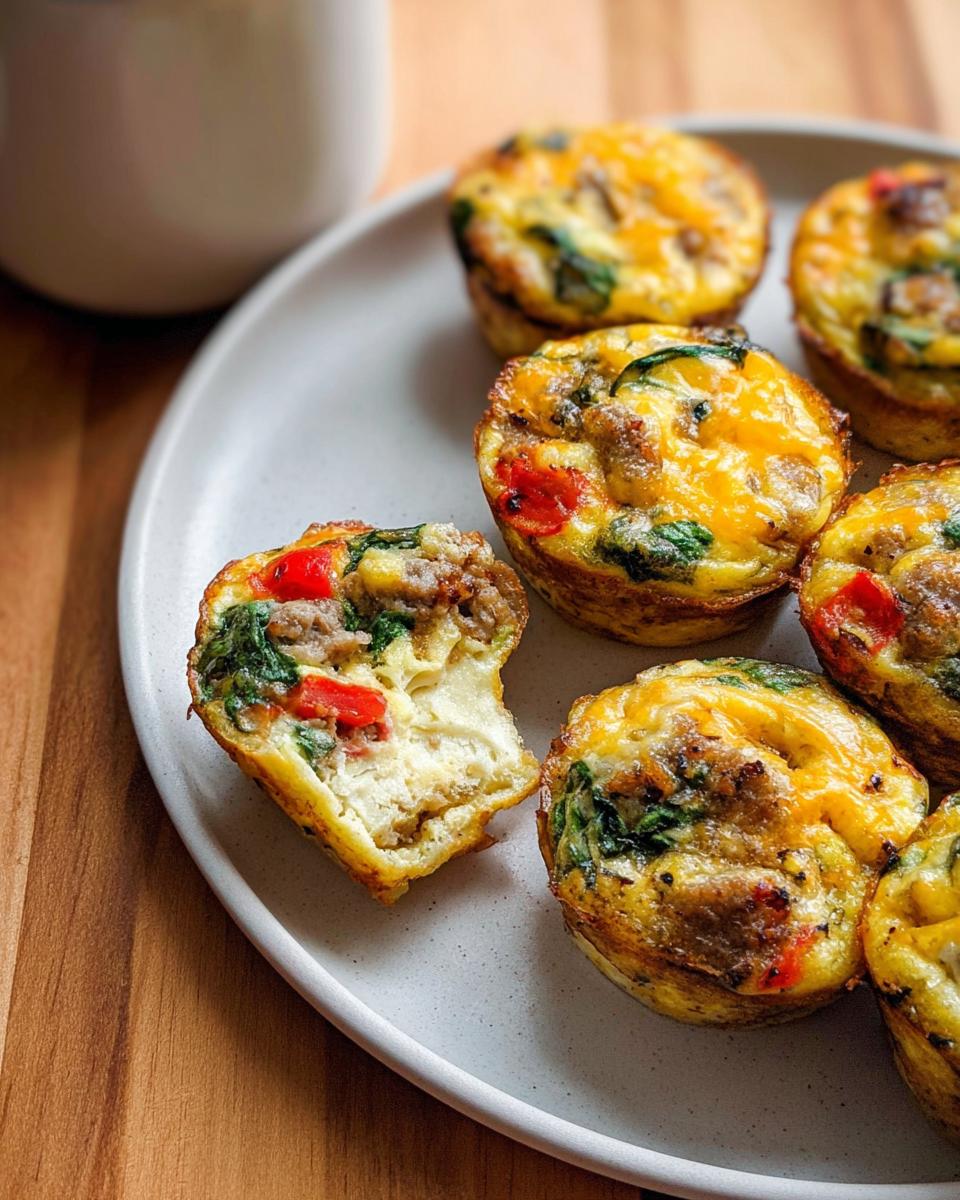 A plate of delicious egg muffins, a perfect example of egg recipes meal prep that tastes great. One muffin is bitten into, showing sausage, spinach, and red pepper.