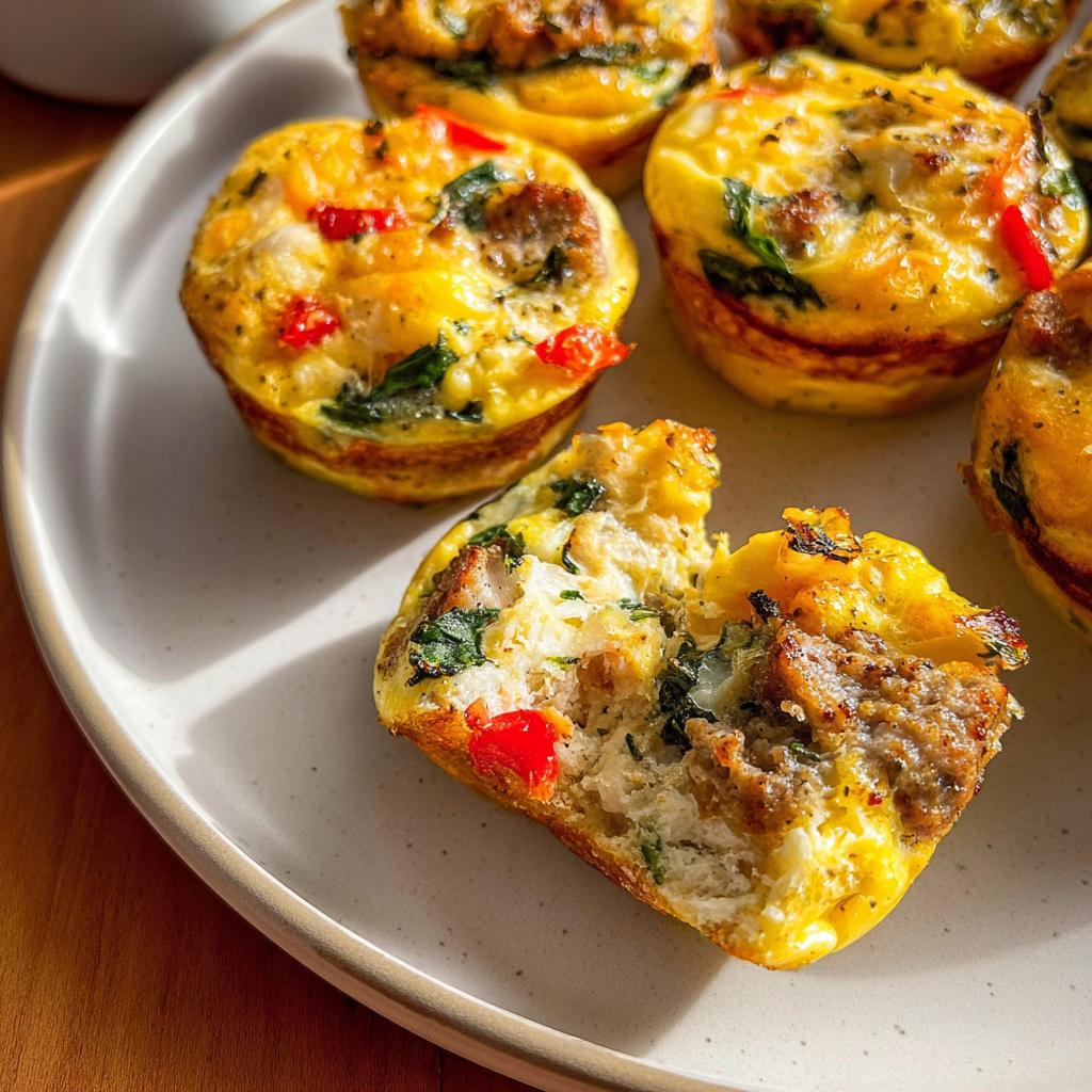 Close-up of savory egg muffins with sausage, spinach, and red peppers, perfect for meal prep.