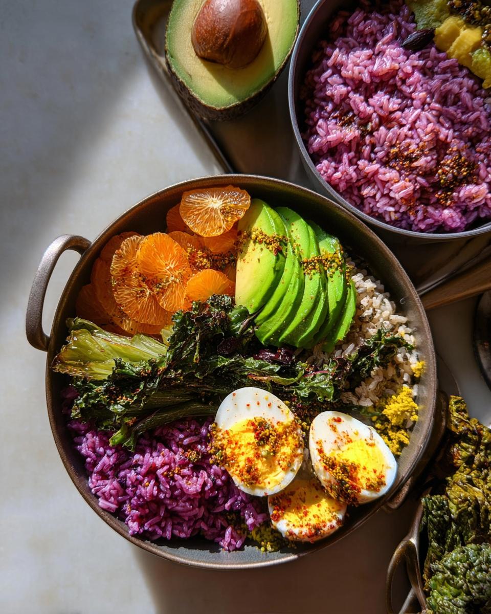 A vibrant bowl featuring purple rice, sliced avocado, oranges, kale, and two perfectly cooked hard-boiled eggs, part of The Ultimate Egg Recipes Guide for Beginners.