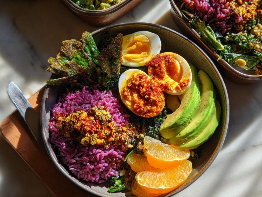 A vibrant bowl featuring purple rice, sliced hard-boiled eggs, avocado, orange slices, and crispy greens, part of an ultimate egg recipes guide.