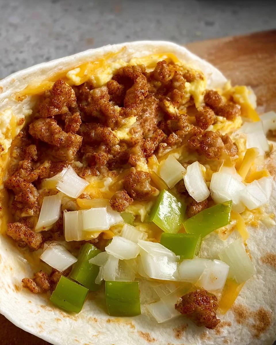 Close-up of a breakfast burrito filled with scrambled eggs, crumbled sausage, cheese, onions, and green peppers.
