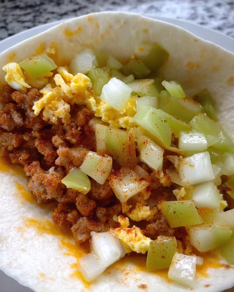 Close-up of a breakfast taco filled with scrambled eggs, seasoned meat, and chopped celery.