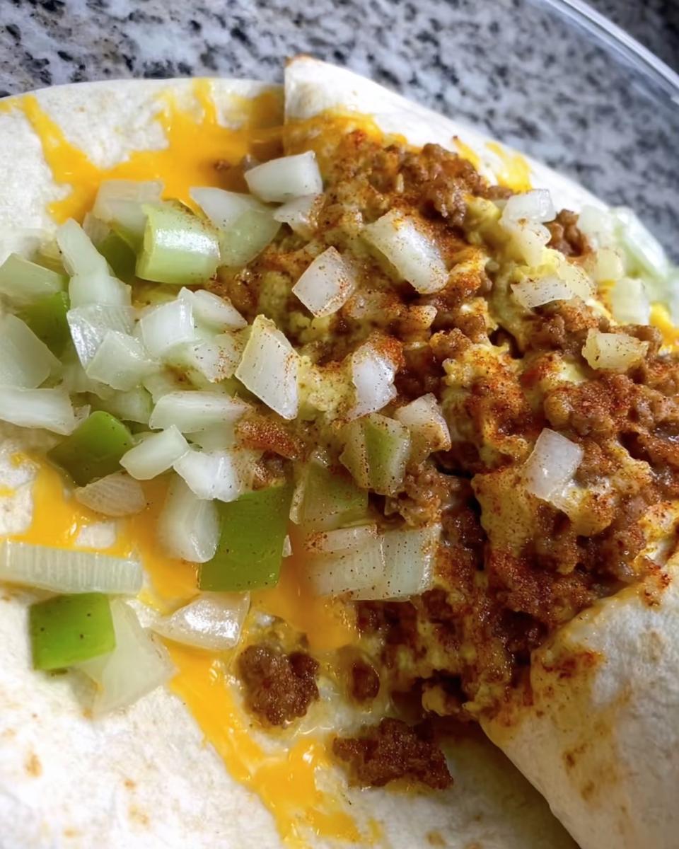 Close-up of a breakfast burrito filled with scrambled eggs, seasoned ground meat, melted cheese, and diced onions and peppers.