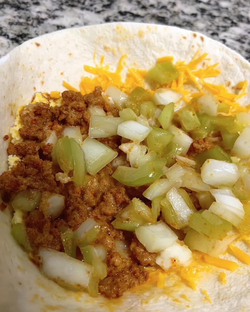 Close-up of a breakfast burrito filling with scrambled eggs, crumbled sausage, diced green peppers, onions, and shredded cheese.