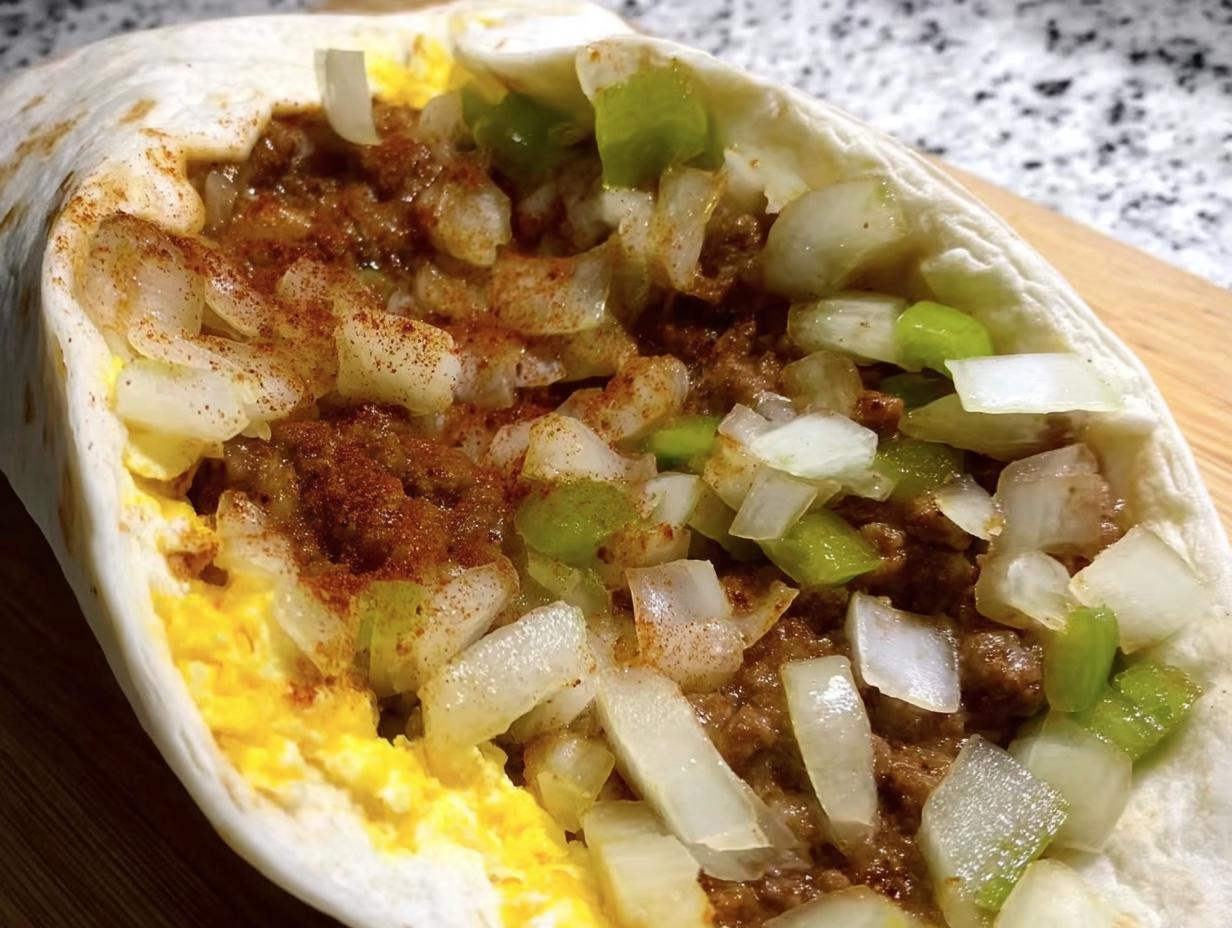 Close-up of a breakfast burrito filled with scrambled eggs, seasoned ground meat, diced onions, and green peppers.