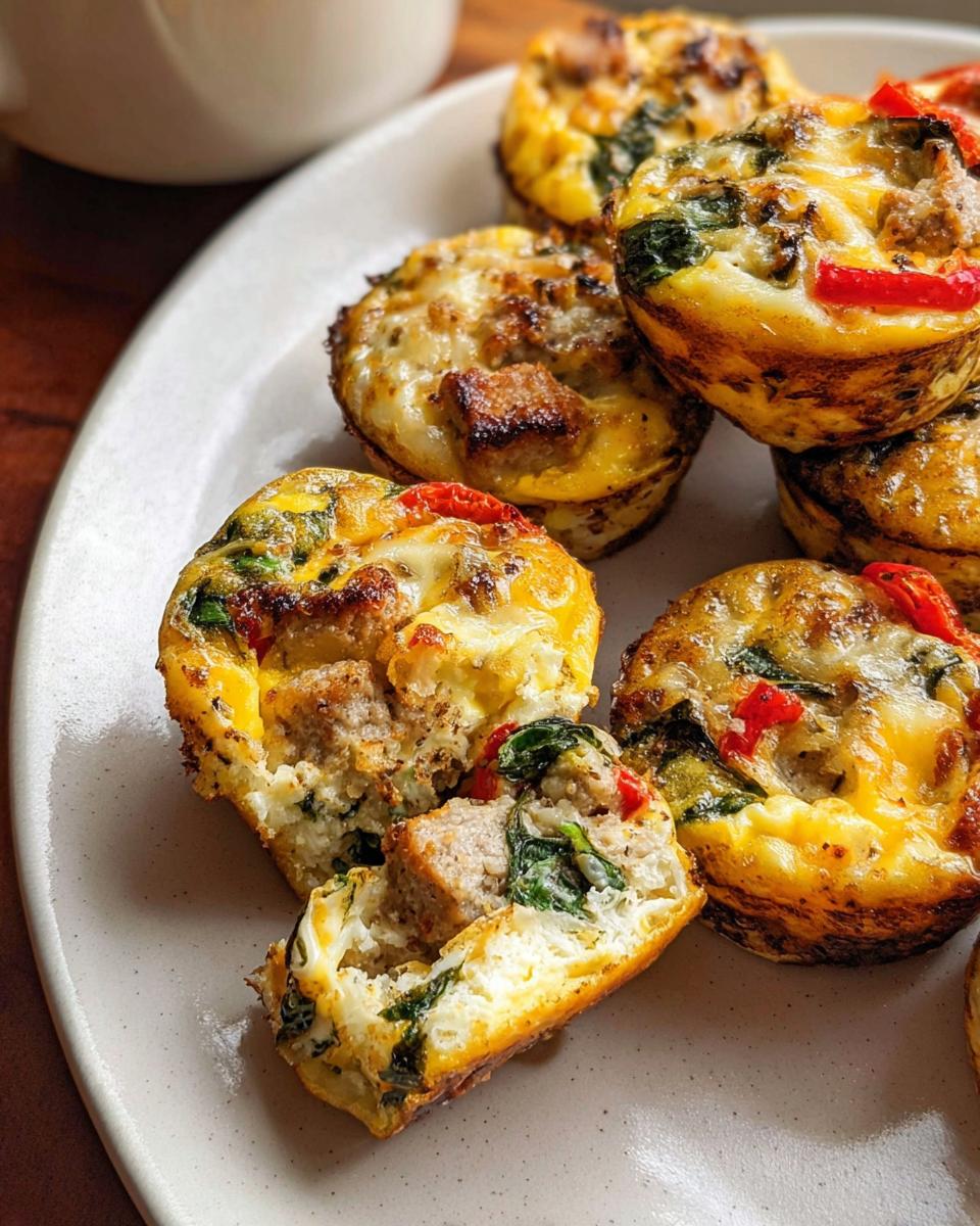 A plate of delicious egg recipes meal prep muffins with sausage, spinach, and red peppers, one muffin is cut in half.