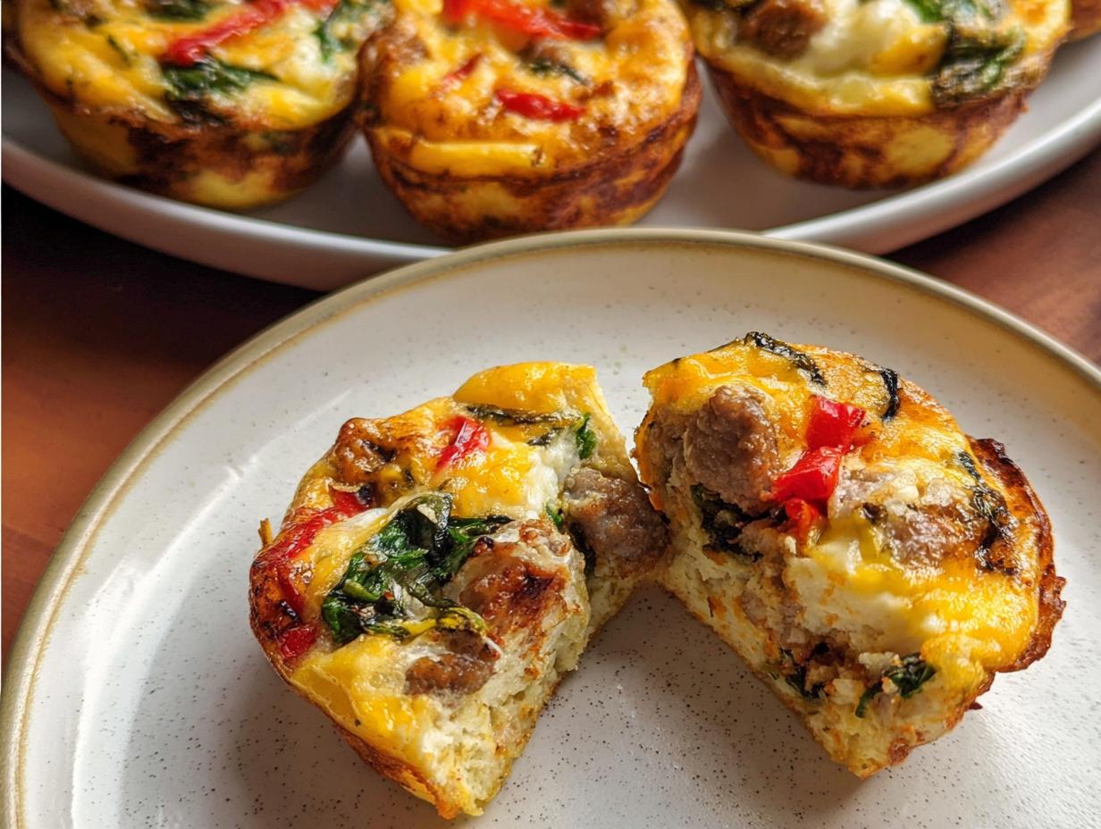 Close-up of a sausage and spinach egg muffin, cut in half, showcasing the fluffy egg, crumbled sausage, and wilted spinach. Part of our Egg Recipes Meal Prep.