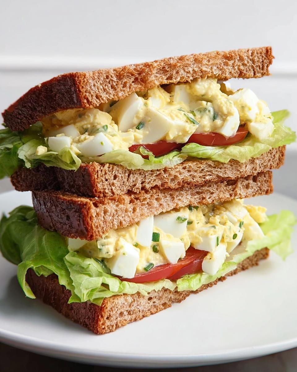 A stacked egg salad sandwich with lettuce and tomato on whole wheat bread, showcasing restaurant-style sandwich ideas.