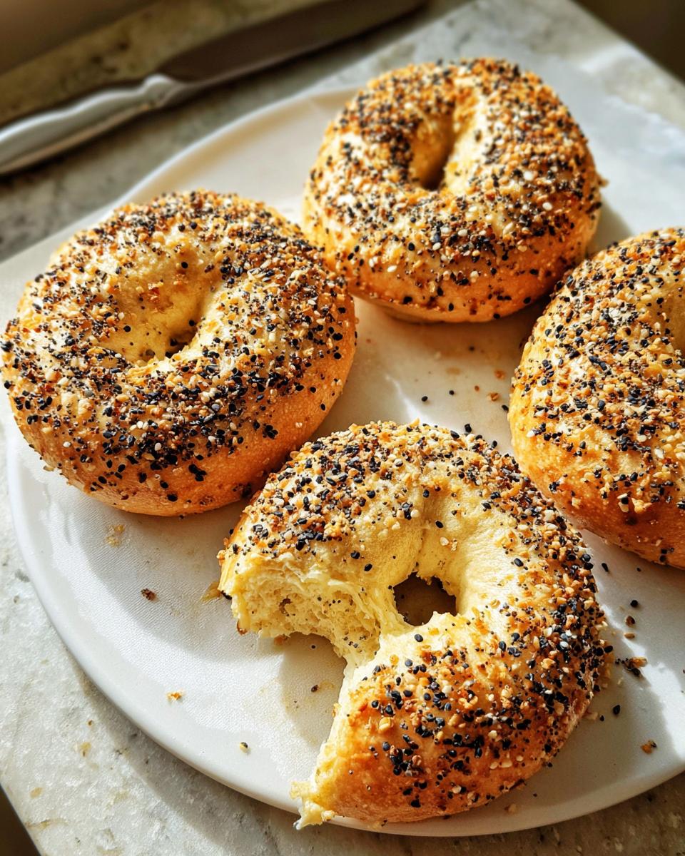 Four everything bagels on a white plate, one with a bite taken out, showcasing the seeds and spices.