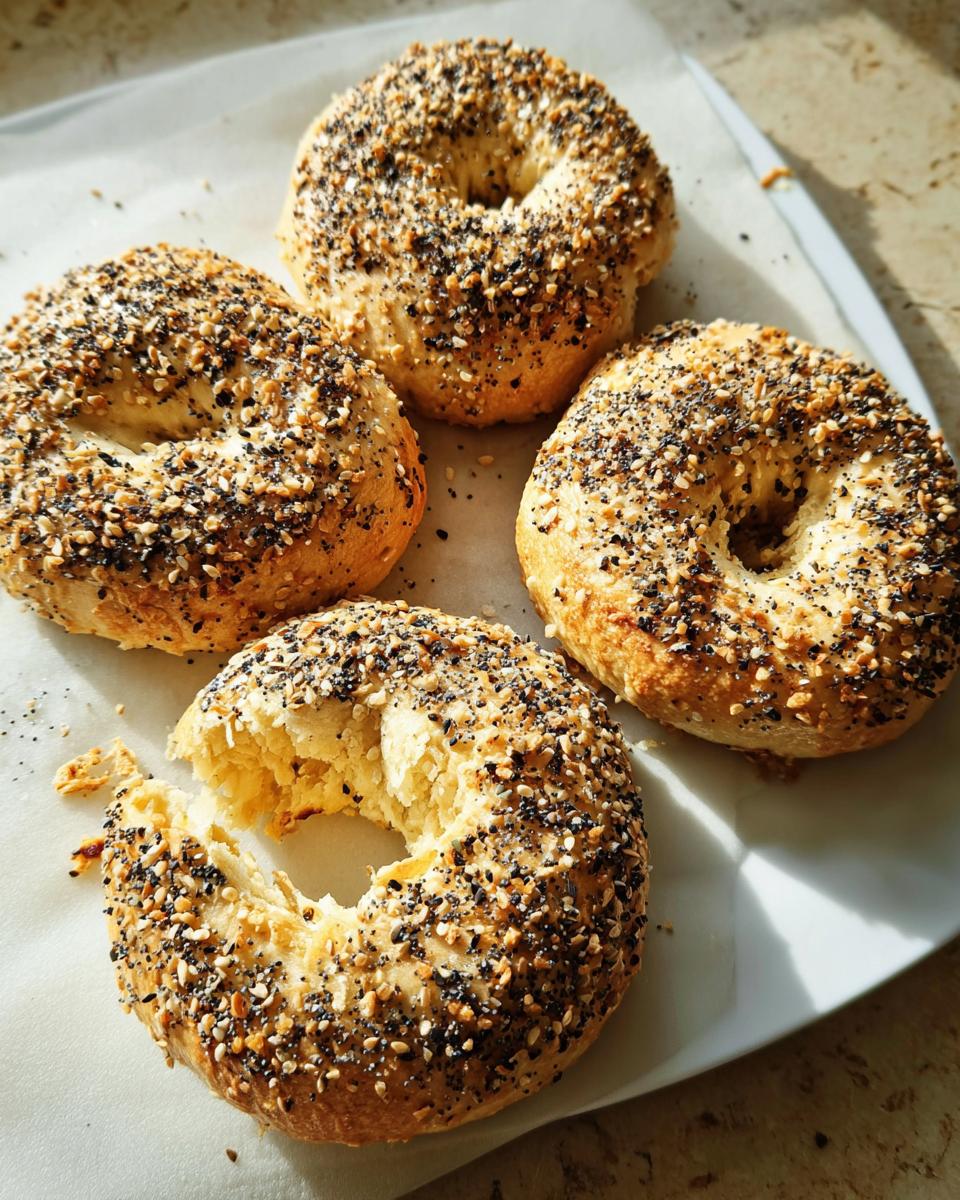Four everything bagels, one with a bite taken out, on a white surface.
