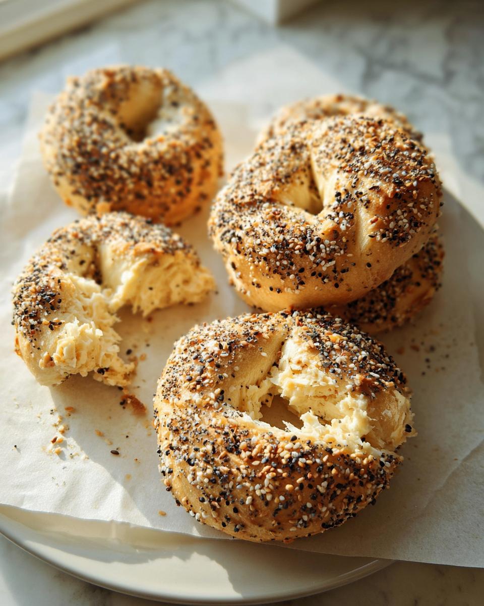 A close-up of several everything bagels, one of which is broken open to reveal a creamy filling, perfect for busy weeknight breakfast ideas.
