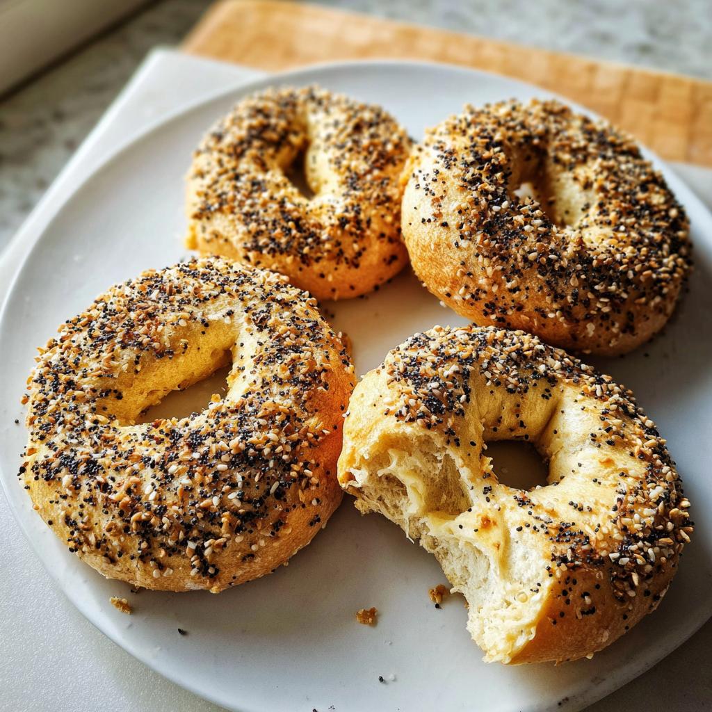 Four everything bagels on a white plate, one with a bite taken out, revealing a fluffy interior.