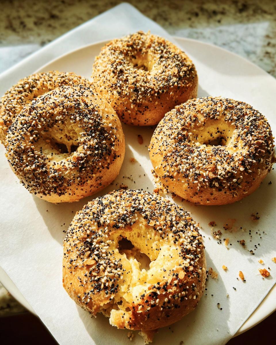 A close-up of five everything bagels on a white plate, perfect for busy weeknight breakfasts.