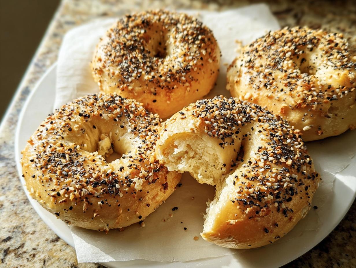 Four everything bagels on a white plate, one is broken in half to show the fluffy interior. Perfect for busy weeknights.