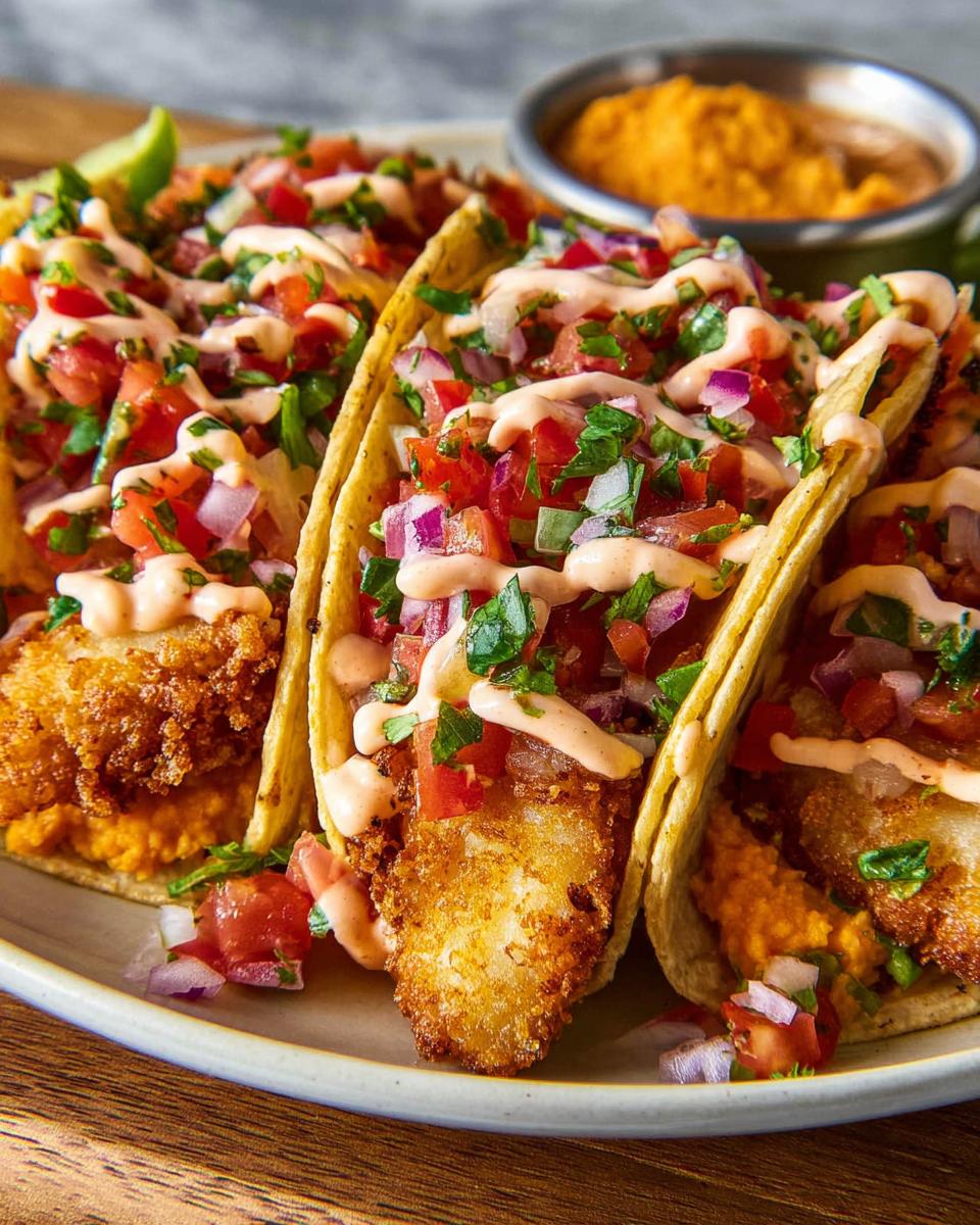 Close-up of three crispy fish tacos, topped with pico de gallo, cilantro, and a creamy sauce, perfect for Taco Tuesday recipes.