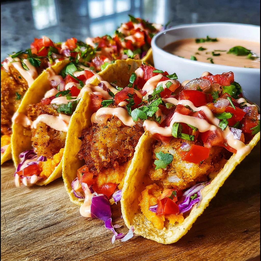A close-up of three crispy fish tacos, generously topped with pico de gallo, cilantro, and a creamy sauce, perfect for Taco Tuesday recipes.