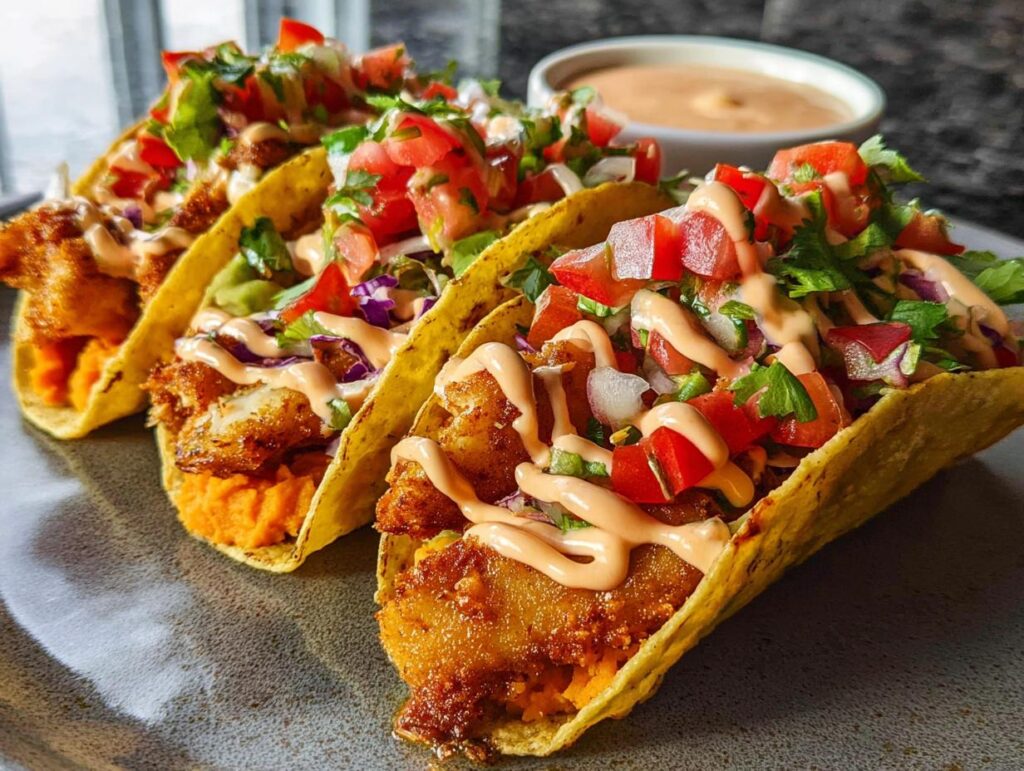 Three crispy fish tacos loaded with fresh toppings and a creamy sauce, perfect for Taco Tuesday recipes.