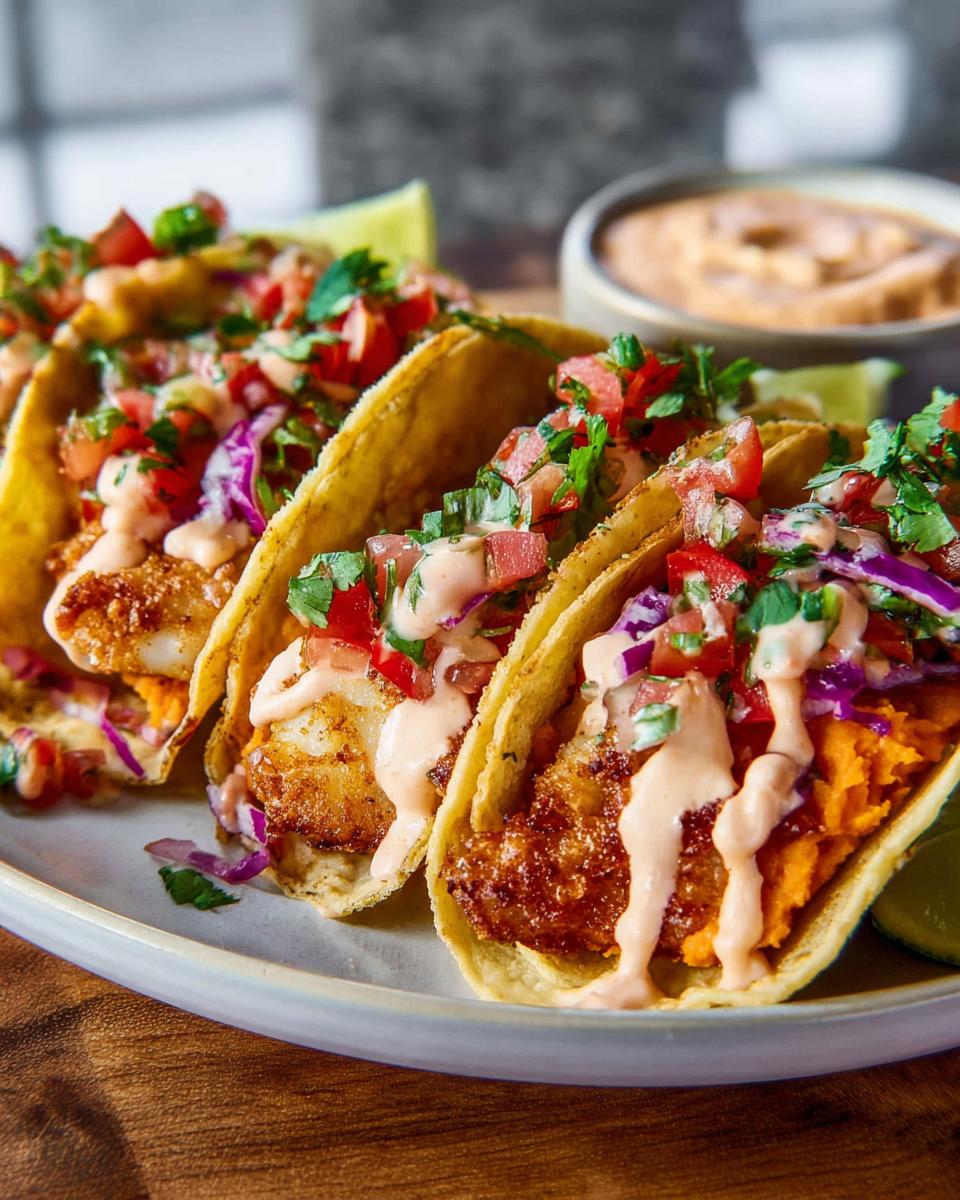 Close-up of three perfectly cooked fish tacos, a staple for Taco Tuesday recipes, topped with fresh salsa and creamy sauce.