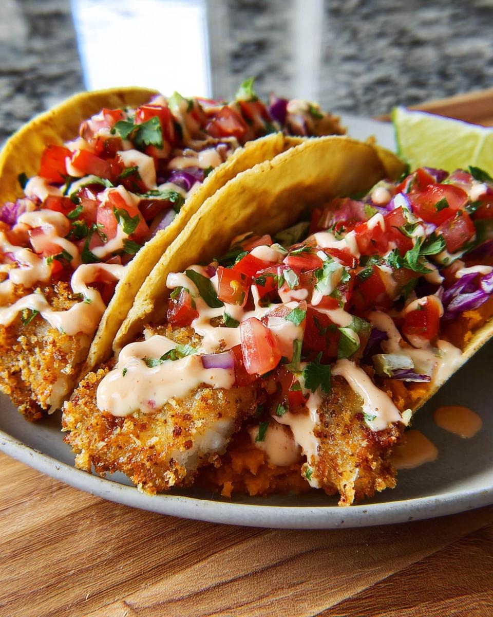 Close-up of two crispy fish tacos, topped with pico de gallo, shredded cabbage, and a creamy sauce, perfect for Taco Tuesday recipes.