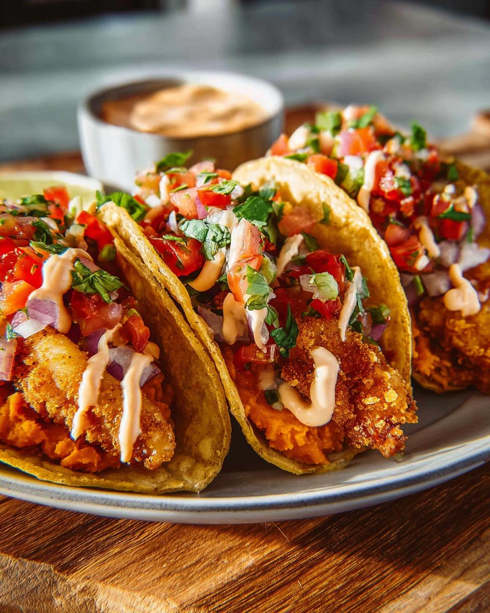 Three crispy fish tacos topped with pico de gallo, cilantro, and a creamy sauce, perfect for Taco Tuesday recipes.