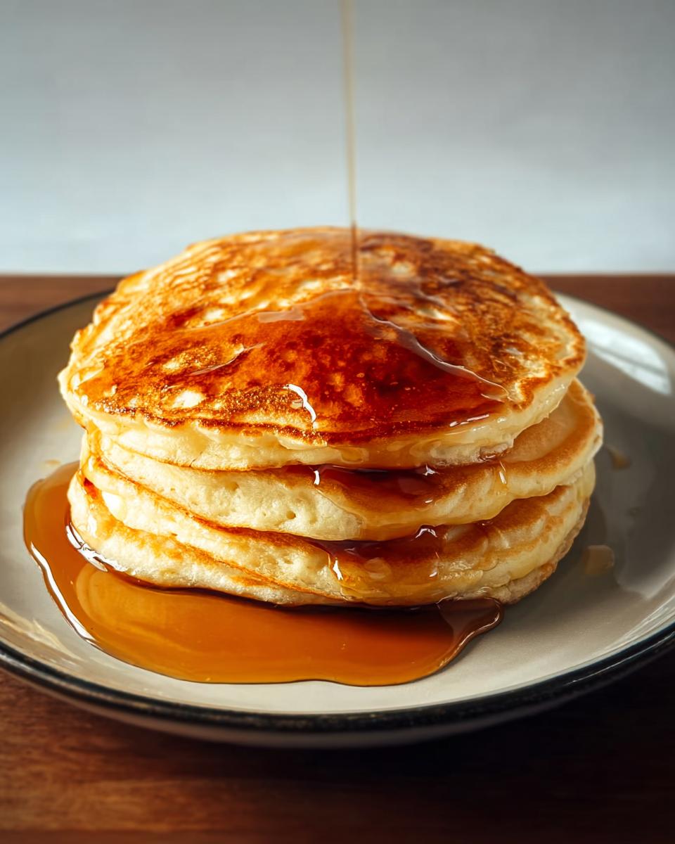 A stack of fluffy pancakes being drizzled with maple syrup, a perfect breakfast idea.