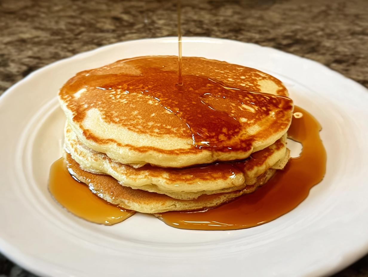 A stack of three fluffy pancakes being drizzled with maple syrup, perfect for breakfast ideas recipes.
