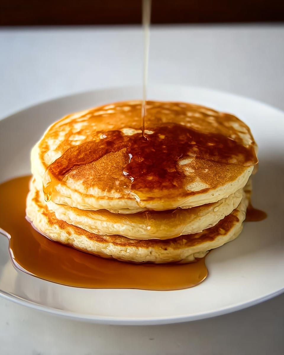 A stack of three fluffy pancakes being drizzled with golden syrup, a perfect breakfast idea.