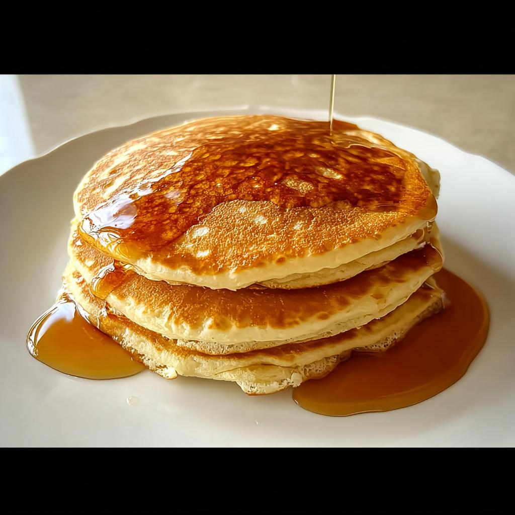 A stack of fluffy pancakes being drizzled with golden syrup, a perfect breakfast idea.