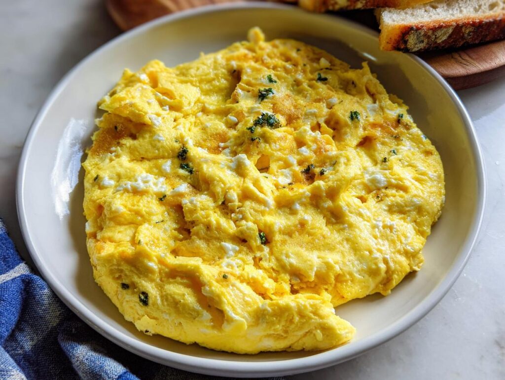 A close-up of fluffy scrambled eggs with feta cheese and herbs, part of The Only Egg Recipes Recipe You’ll Need (2025).