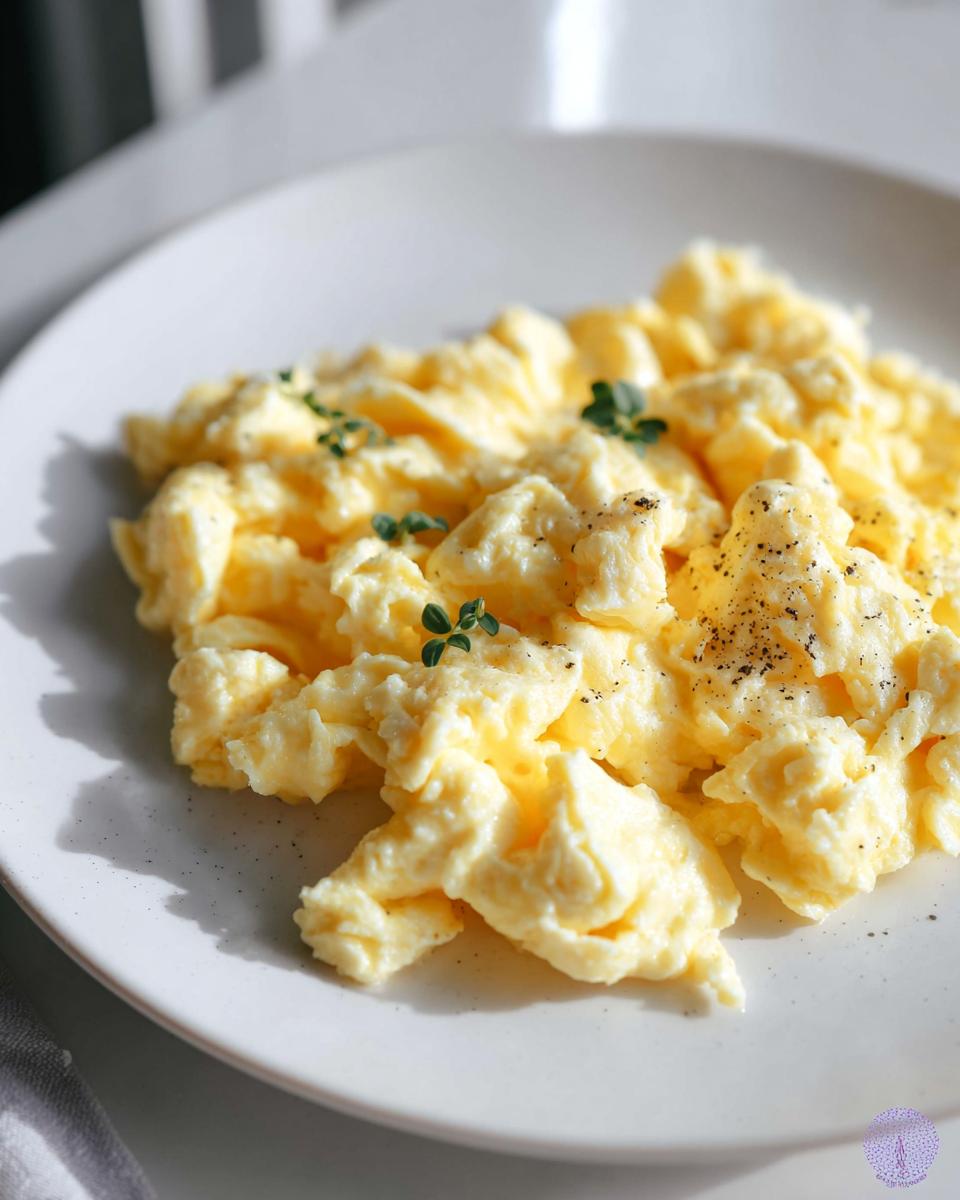 A close-up of fluffy scrambled eggs, seasoned with black pepper and garnished with fresh herbs, part of 'How to Make Egg Recipes Like a Pro'.