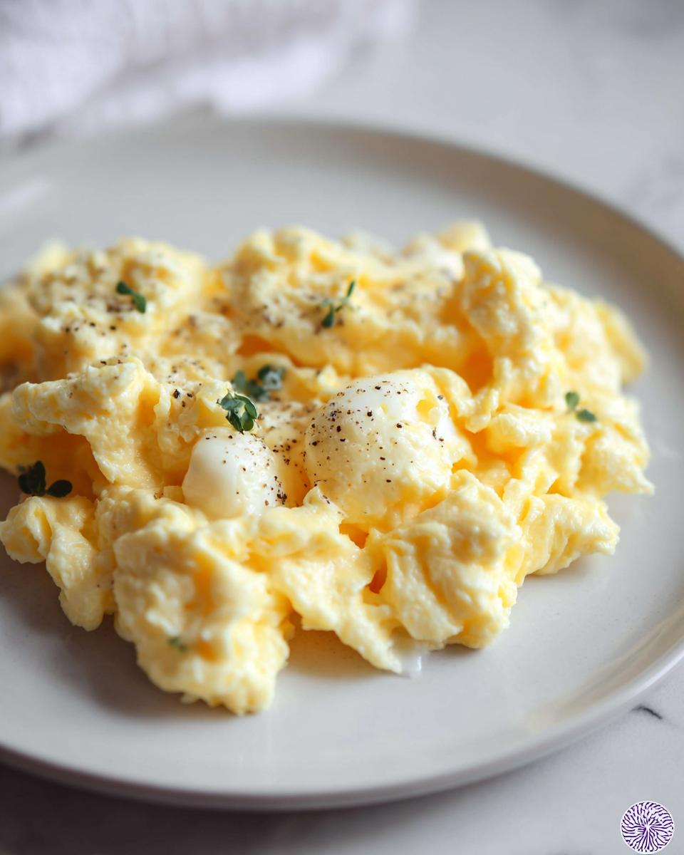 Close-up of perfectly fluffy scrambled eggs seasoned with black pepper and garnished with fresh herbs.
