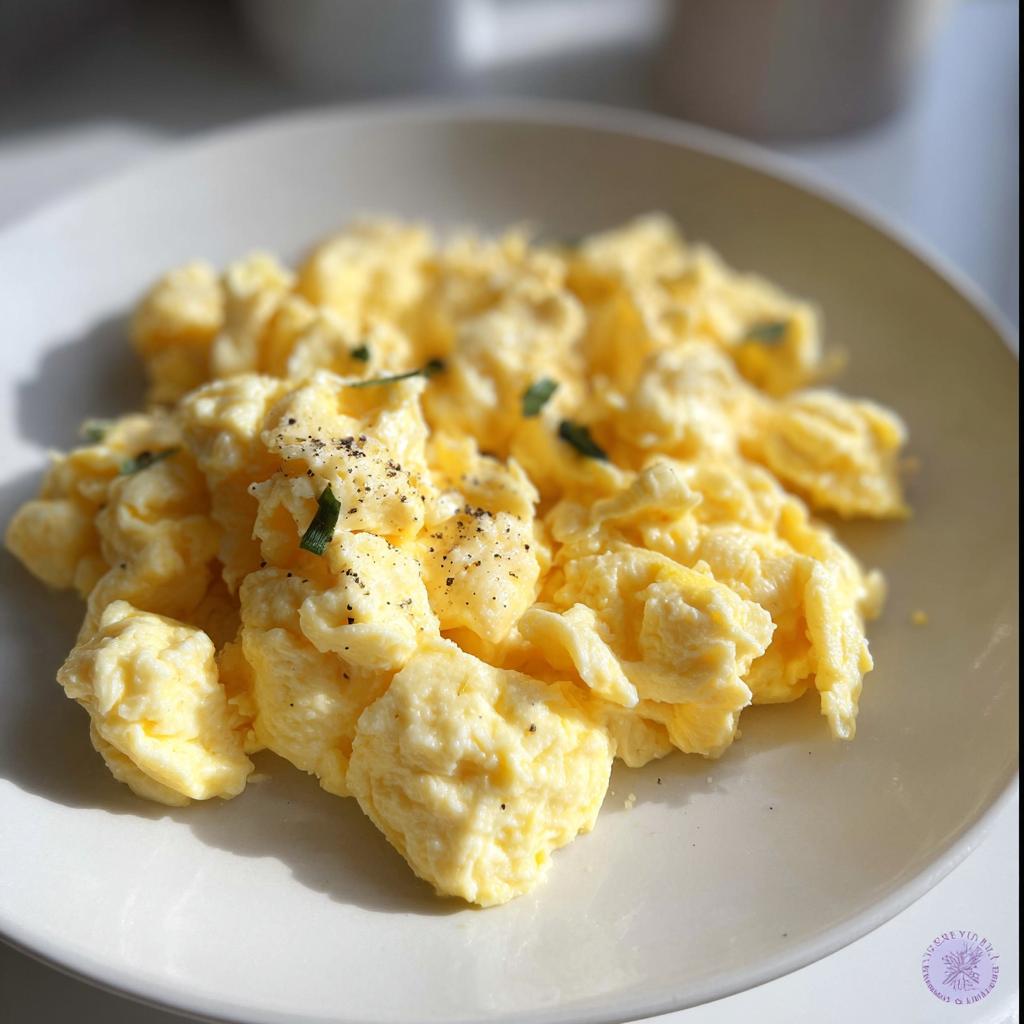 Close-up of fluffy scrambled eggs seasoned with black pepper and herbs, a perfect example of egg recipes.