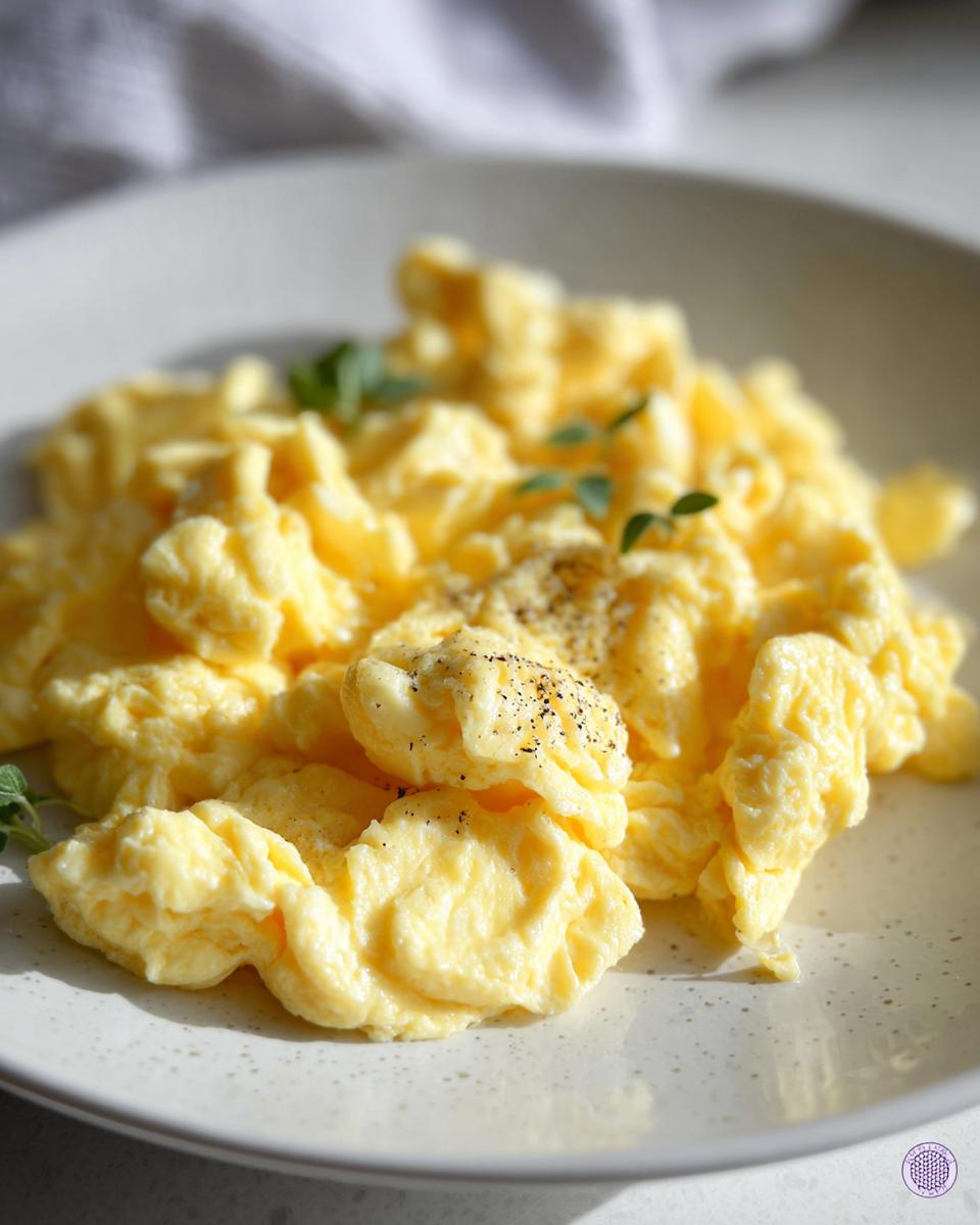 Close-up of fluffy scrambled eggs seasoned with black pepper and garnished with fresh herbs, part of how to make egg recipes.