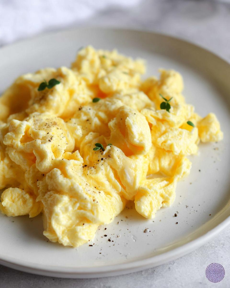 Perfectly fluffy scrambled eggs seasoned with black pepper and garnished with fresh herbs, a key part of how to make egg recipes.