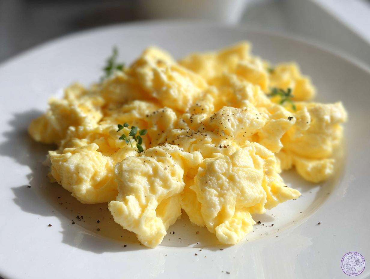 Close-up of perfectly fluffy scrambled eggs, seasoned with black pepper and garnished with fresh herbs.