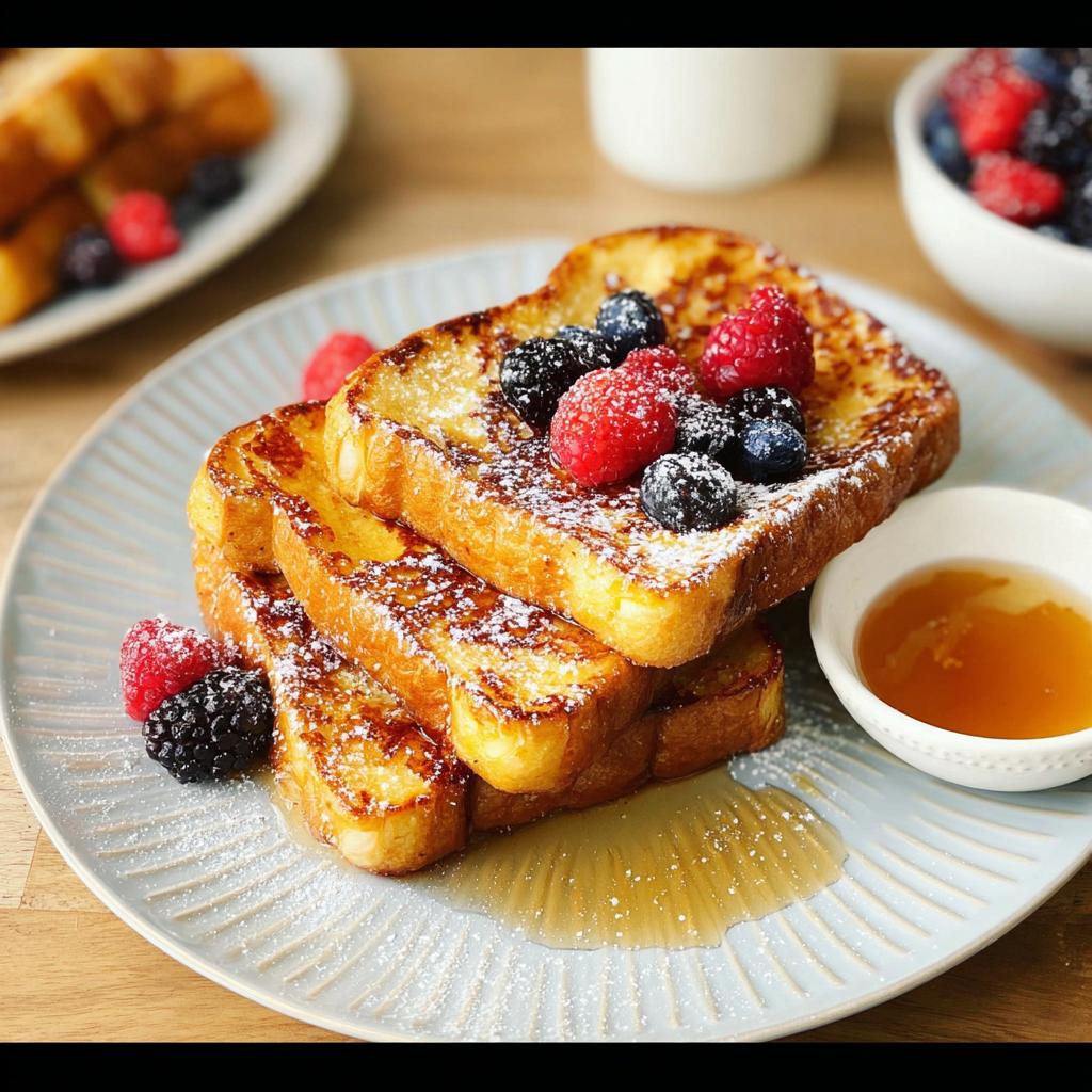 Golden brown French toast topped with fresh berries and powdered sugar, served with syrup. A perfect breakfast idea.