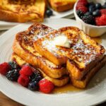 Stack of golden brown French toast topped with powdered sugar and butter, served with fresh berries. Perfect for quick breakfast ideas recipes.