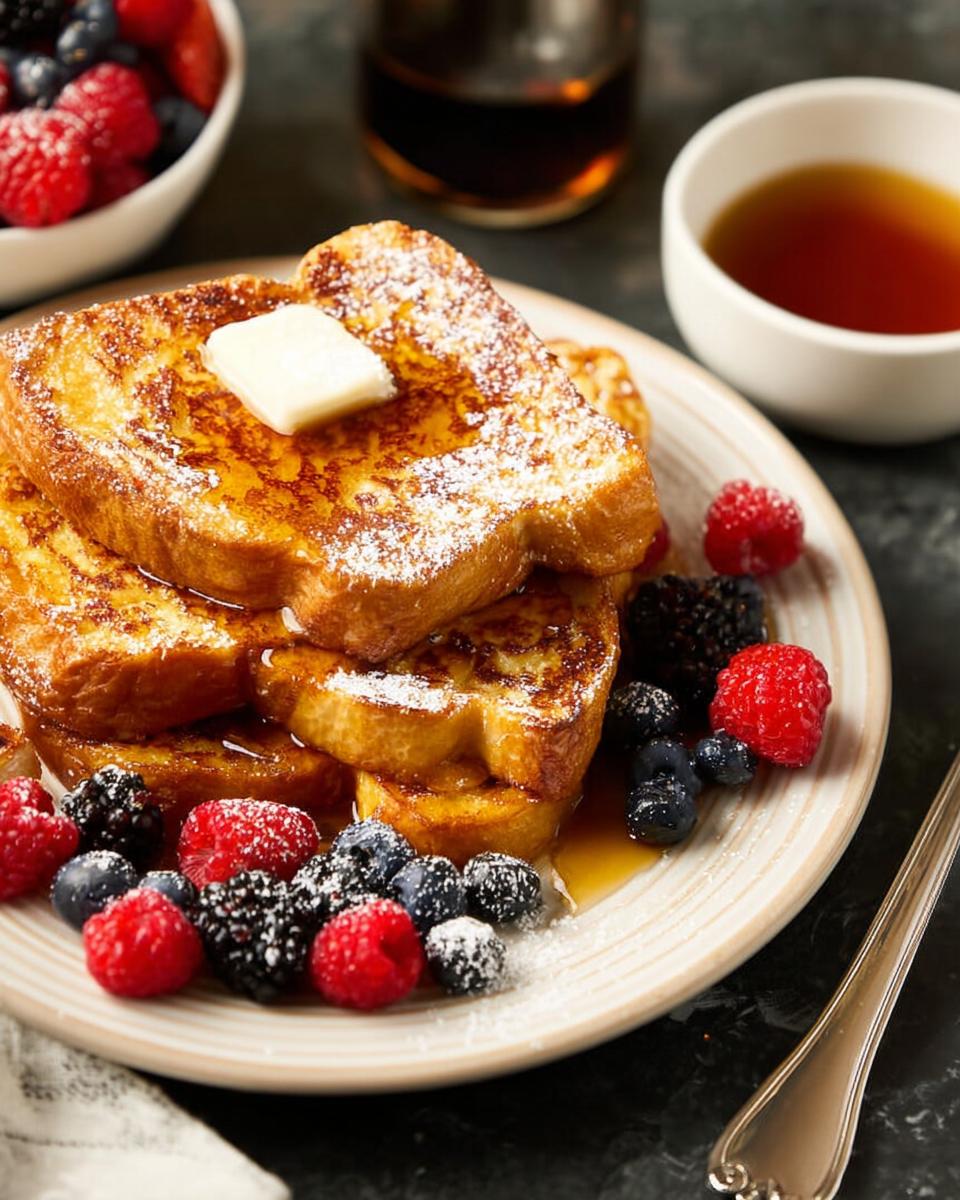 Stack of golden brown French toast topped with butter and powdered sugar, served with fresh berries and syrup. A quick breakfast idea.