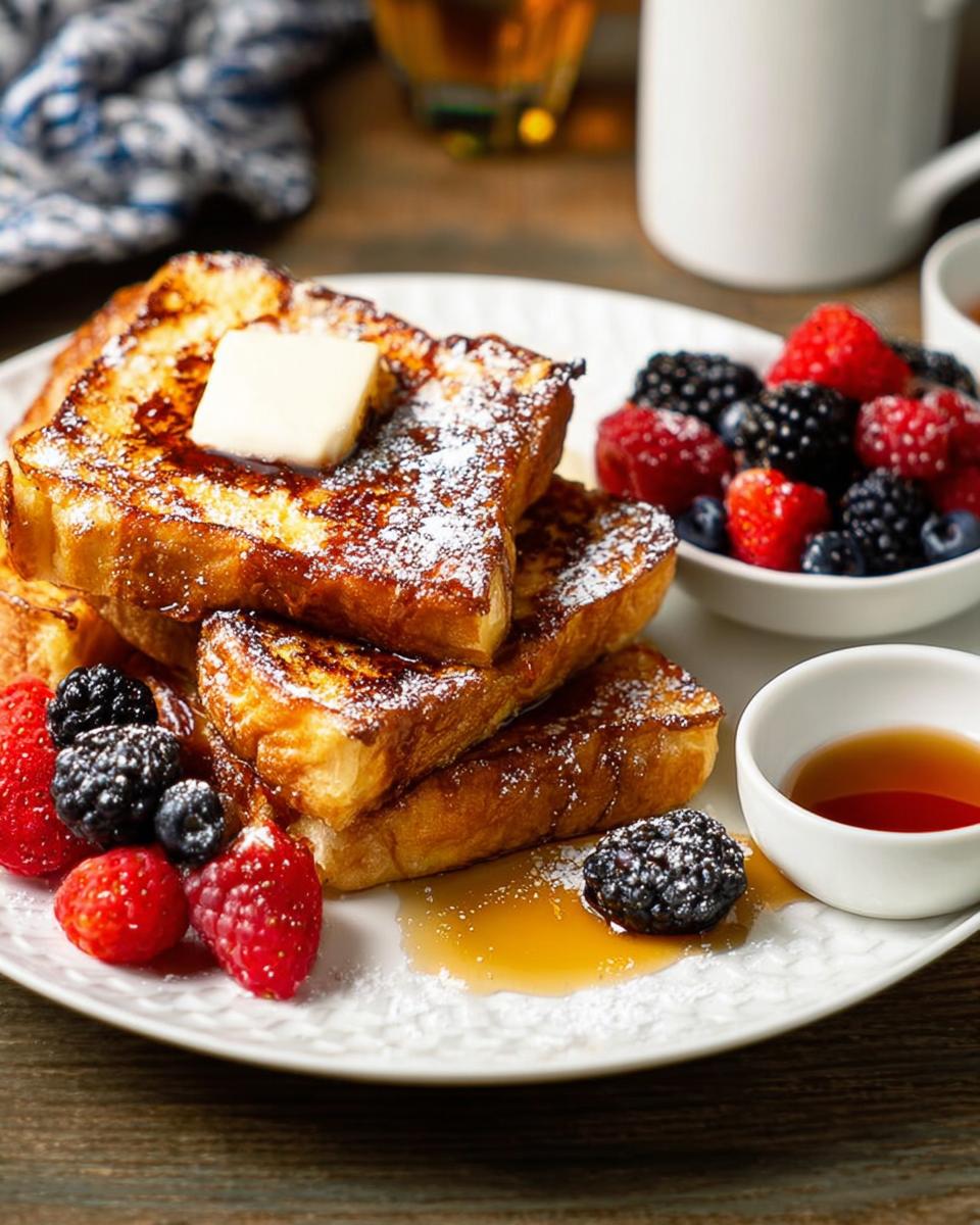 Golden brown French toast topped with butter and powdered sugar, served with fresh berries and syrup. Perfect for quick breakfast ideas.