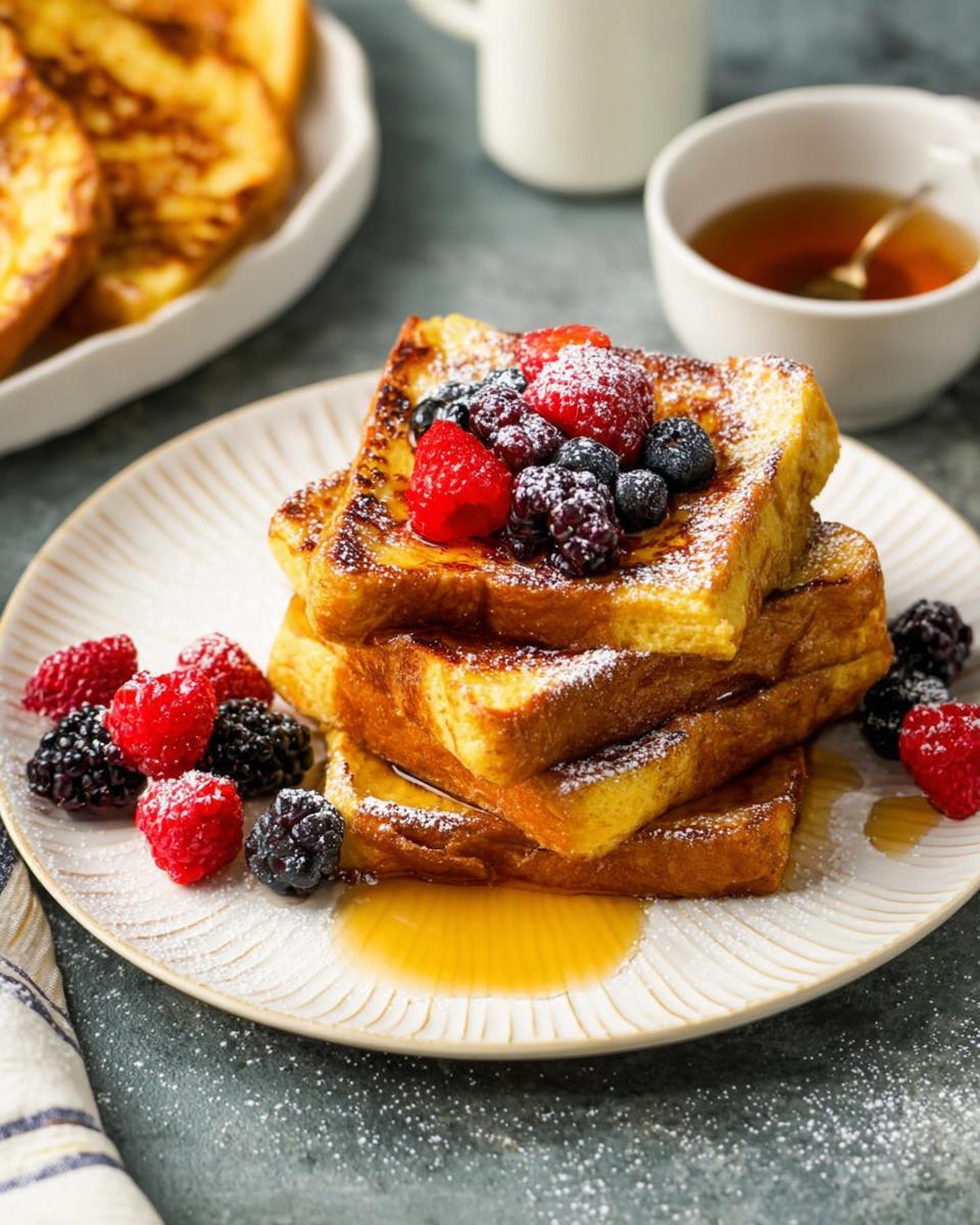 Stack of golden brown French toast topped with fresh berries and powdered sugar, part of breakfast ideas recipes.