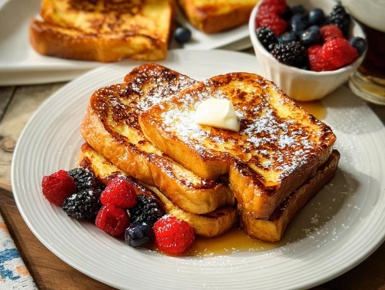 Stack of golden brown French toast topped with powdered sugar and butter, served with fresh berries. Perfect for quick breakfast ideas recipes.
